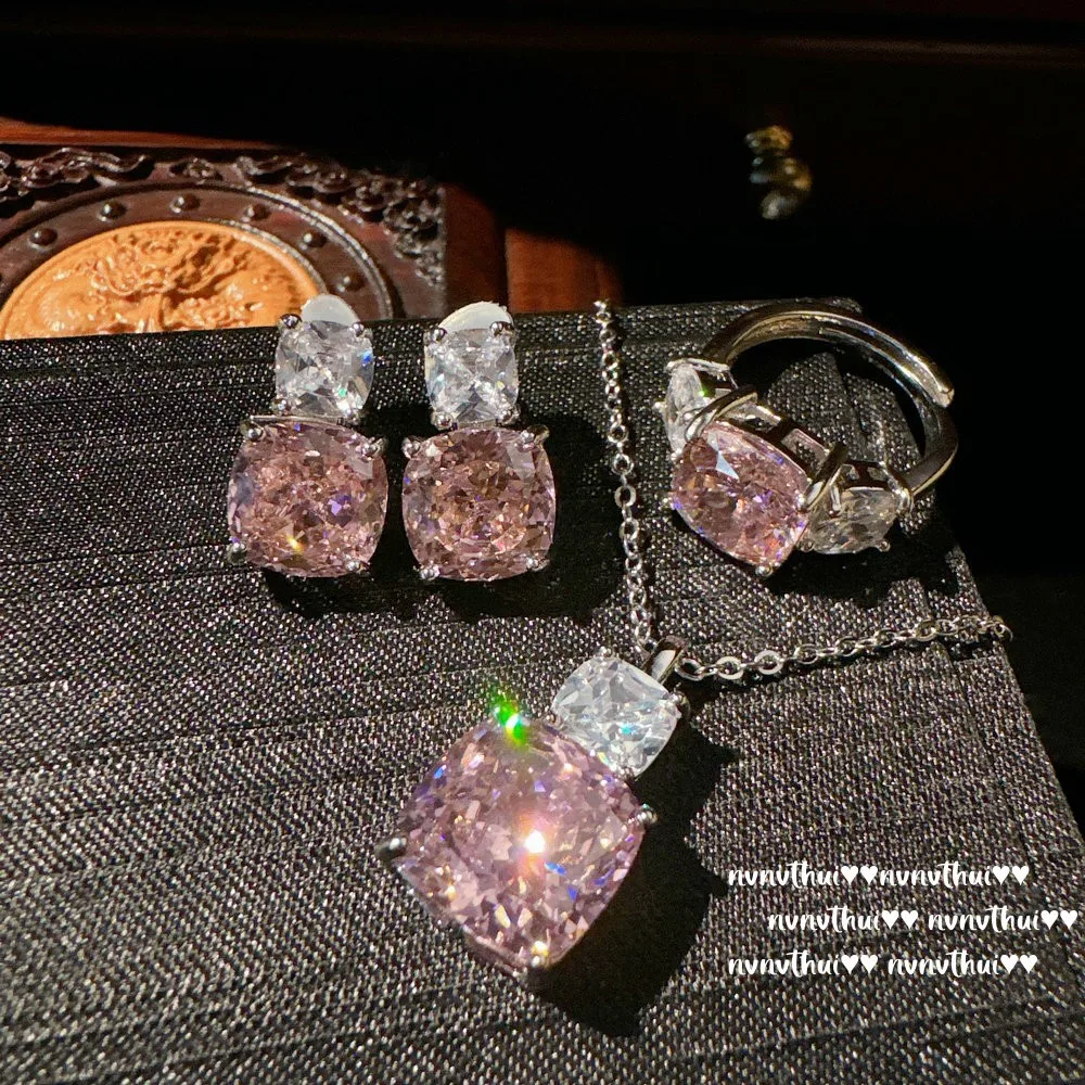 2024 Shiny Pink Lab Diamond Wedding Jewelry Sets for Women 925 Silver Color Geometric Crystal Jewelry Set Ring Earring Necklace