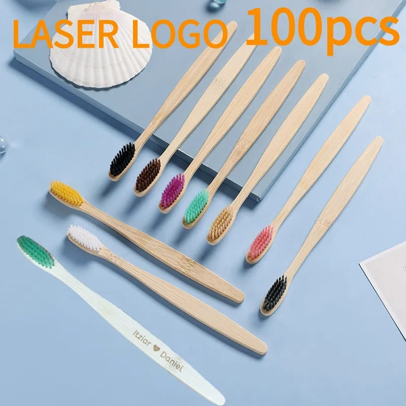 Customized Laser Engraving Logo Bamboo Toothbrushes 100pcs Portable Eco Friendly Wooden Tooth Brush with Individual Package