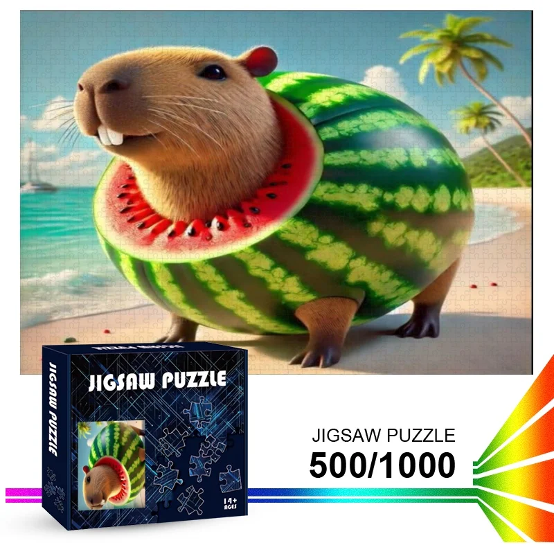 500/1000pcs Capybara & Watermelon Jigsaw Puzzle Suitable for Adults & Families - Large Brain Teaser with Capybara-Themed Piece