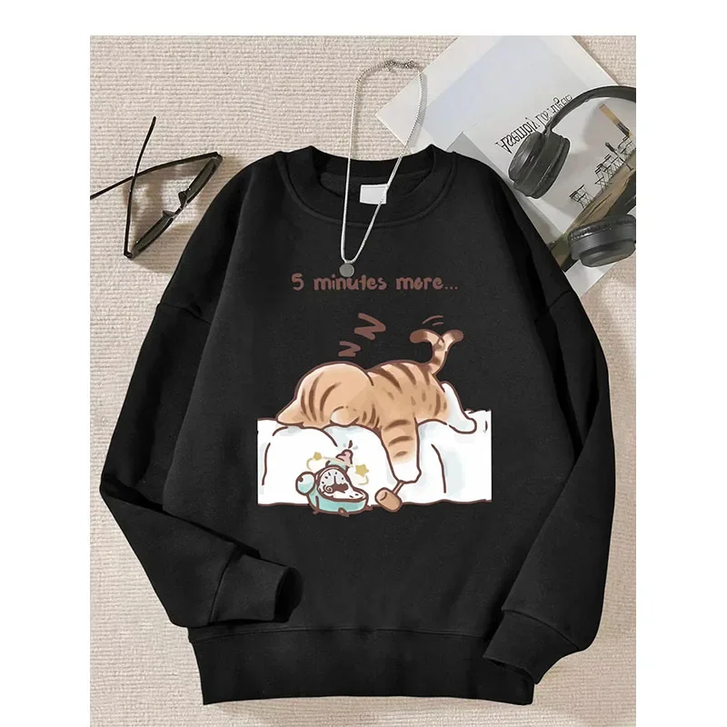 The Cat That Always Wants To Sleep Pattern Printed Hooded Women Simple Warm Autumn Sweatshirt Street Casual Unisex Pullovers