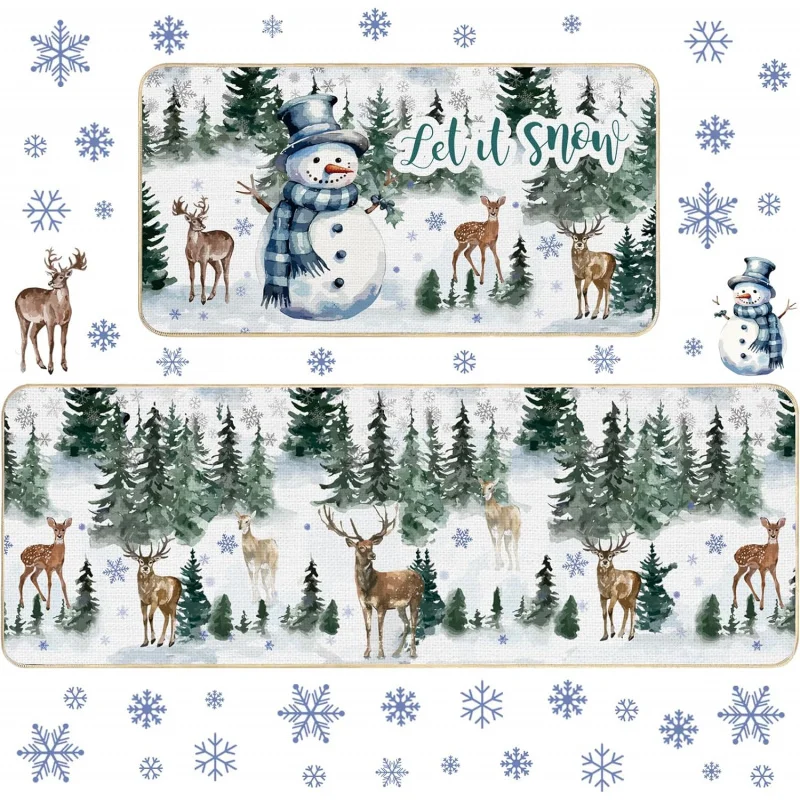 

Christmas Kitchen Floor Mat 2-piece Set Deer Tree Snowflake Snowman Home Decoration Door Mat 16inX24in 17inX47in