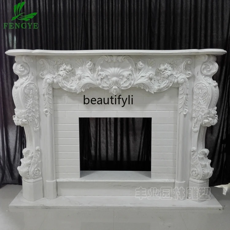 

Fireplace white marble stone mantel TV background wall decorative cabinet stone carving fireplace customization