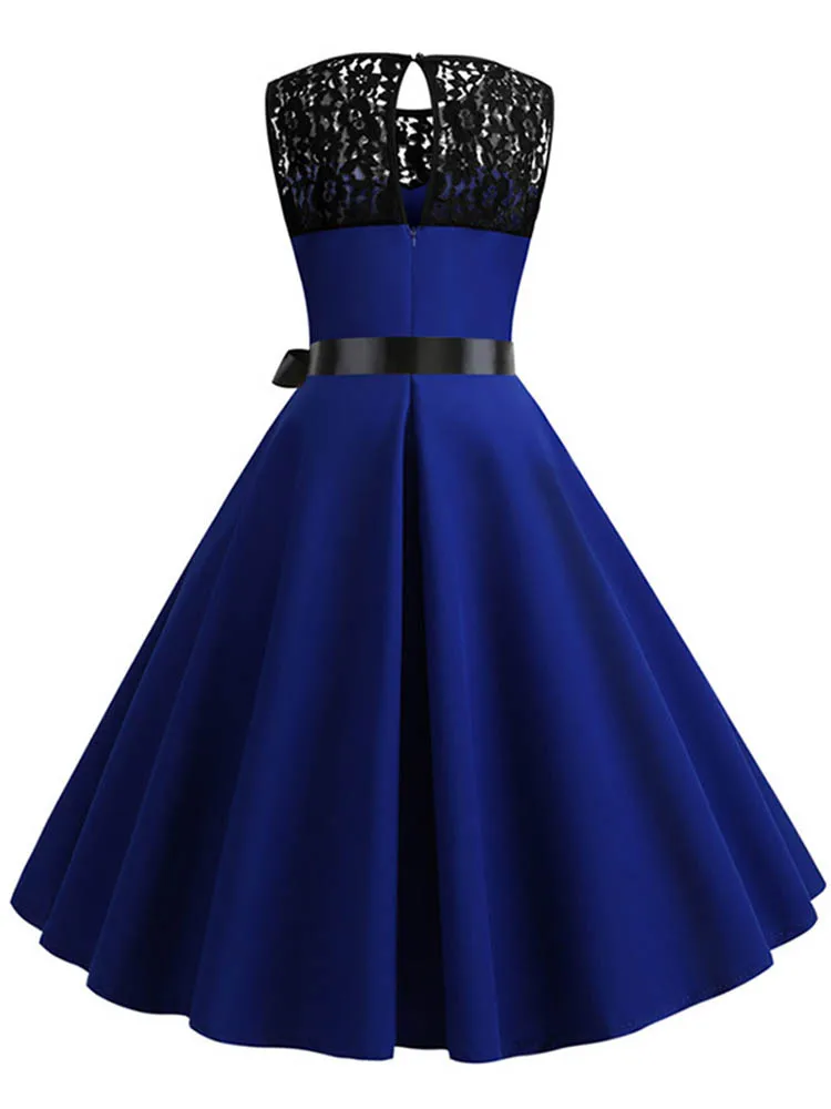 knee length dresses for ladies Unique Vintage Plus Size Blue Butterfly Eyelet Swing Dress main image 1