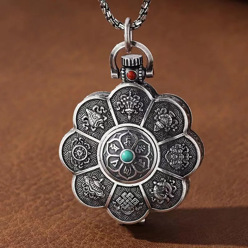 Vintage Ethnic Style Auspicious Eight Treasures Pendant Necklace Mantra Gawu Box Necklace Good Lucky Jewelry Accessories