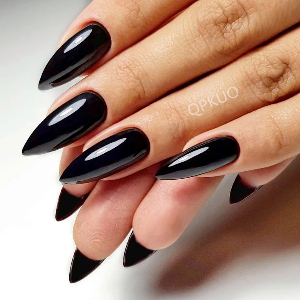 

24Pcs Shiny Black False Nails With Jelly Glue Artificial Long Stiletto Fake Nail DIY Full Cover Finger Tips Manicure Tool