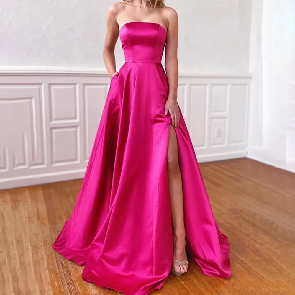 

Rose Red Prom Dress Satin Strapless A Line Side Slit Simple Gowns 2023 Backless Lace-up Women's Evening with Pockets