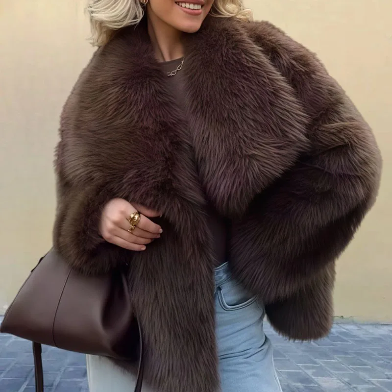 

Модная уличная куртка из искусственного меха, женский однотонный кардиган с длинными рукавами и лацканами, зимнее винтажное утолщенное теплое пальто