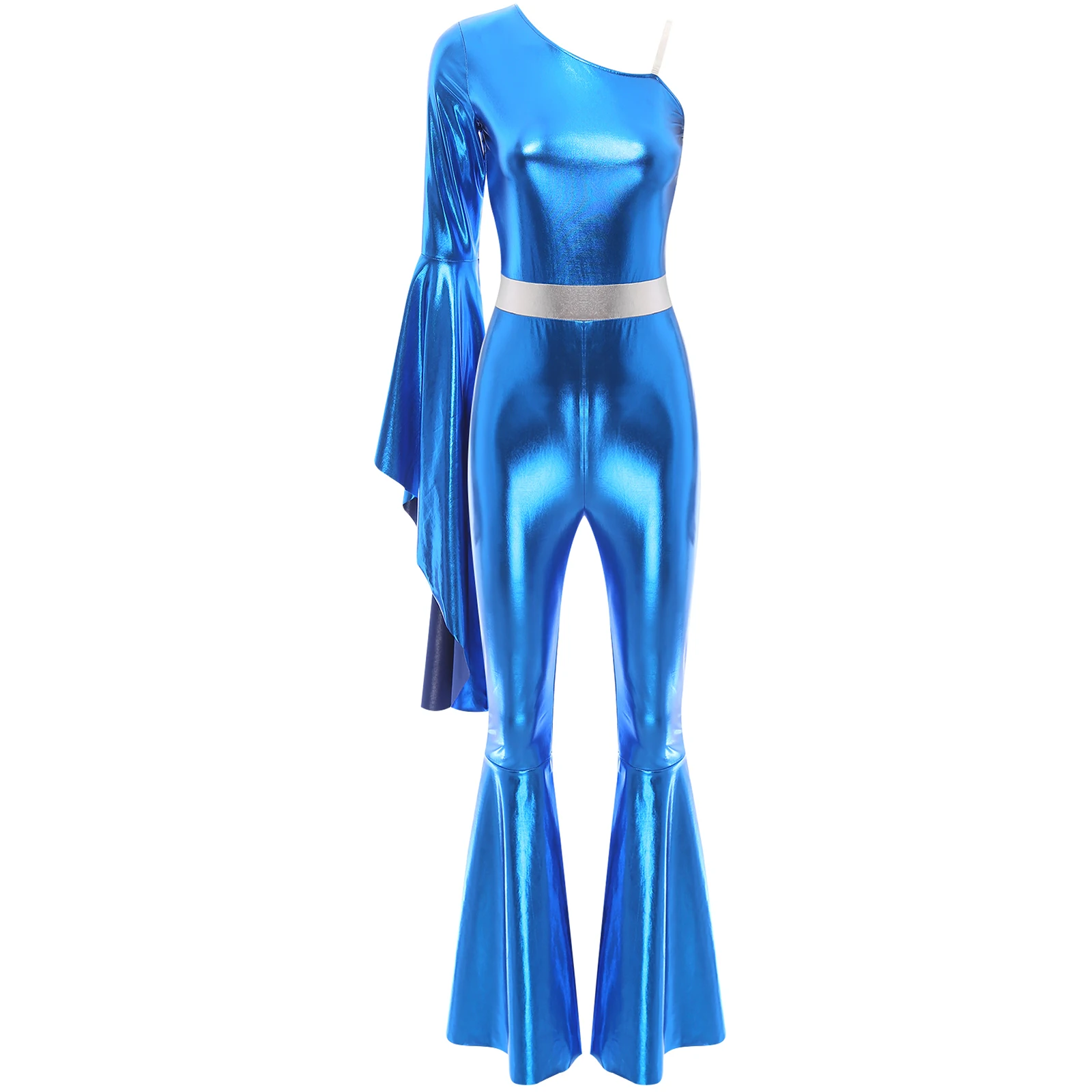 Womens Metallic Shiny Vintage 70s Jumpsuit Flare Sleeve Bell Bottom Bodysuit Carnival Disco Rave Party Hippie Jazz Dance Costume