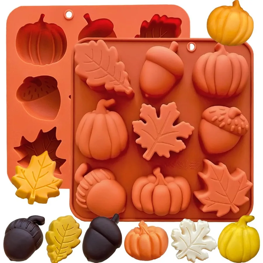 

3D силиконовая форма для тыквы, 2 шт., осенняя силиконовая форма, форма для конфет на День Благодарения, осенний кленовый лист, форма желудя, форма для шоколада, форма для мыла, свечи