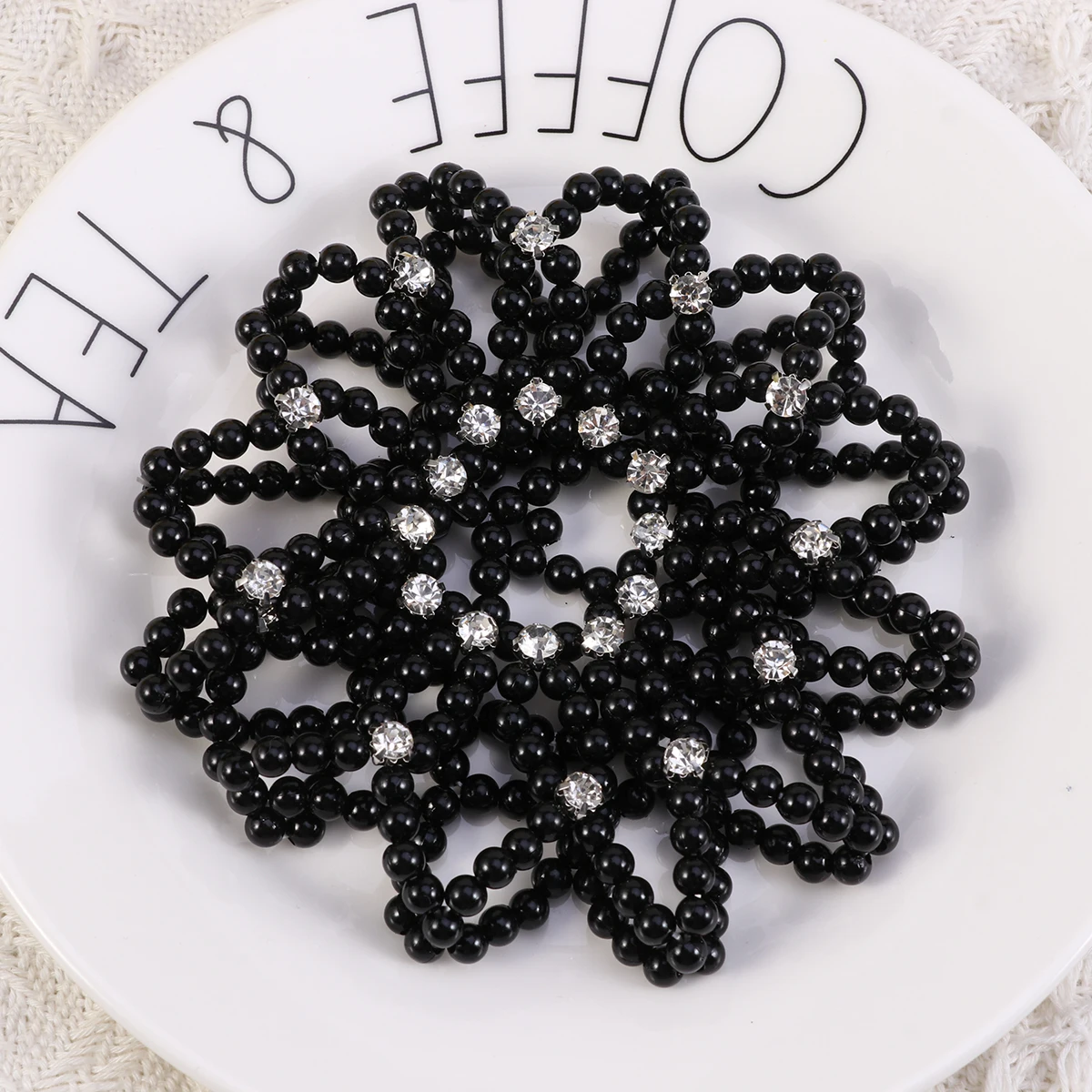 

Pearl Embellished Elastic Snood Net Handmade Crochet Hairnet For Dance Gymnastics Party Use Black Suitable For All Hair Styles