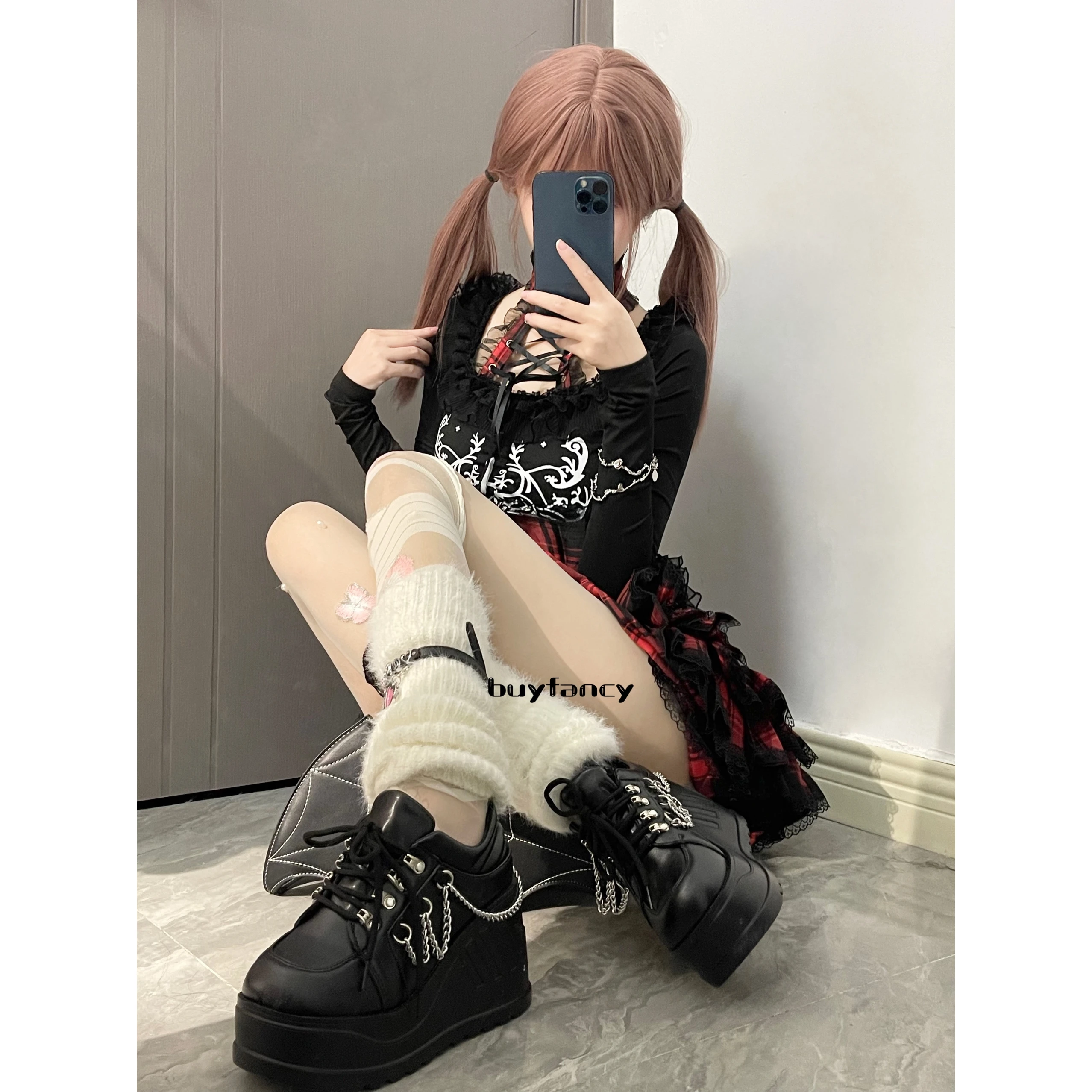 Goth Babes Rock Women Shoes Fashion Punk Round Head Heightening Lace-up High Heels Platform Subculture Small Leather Shoes Pumps