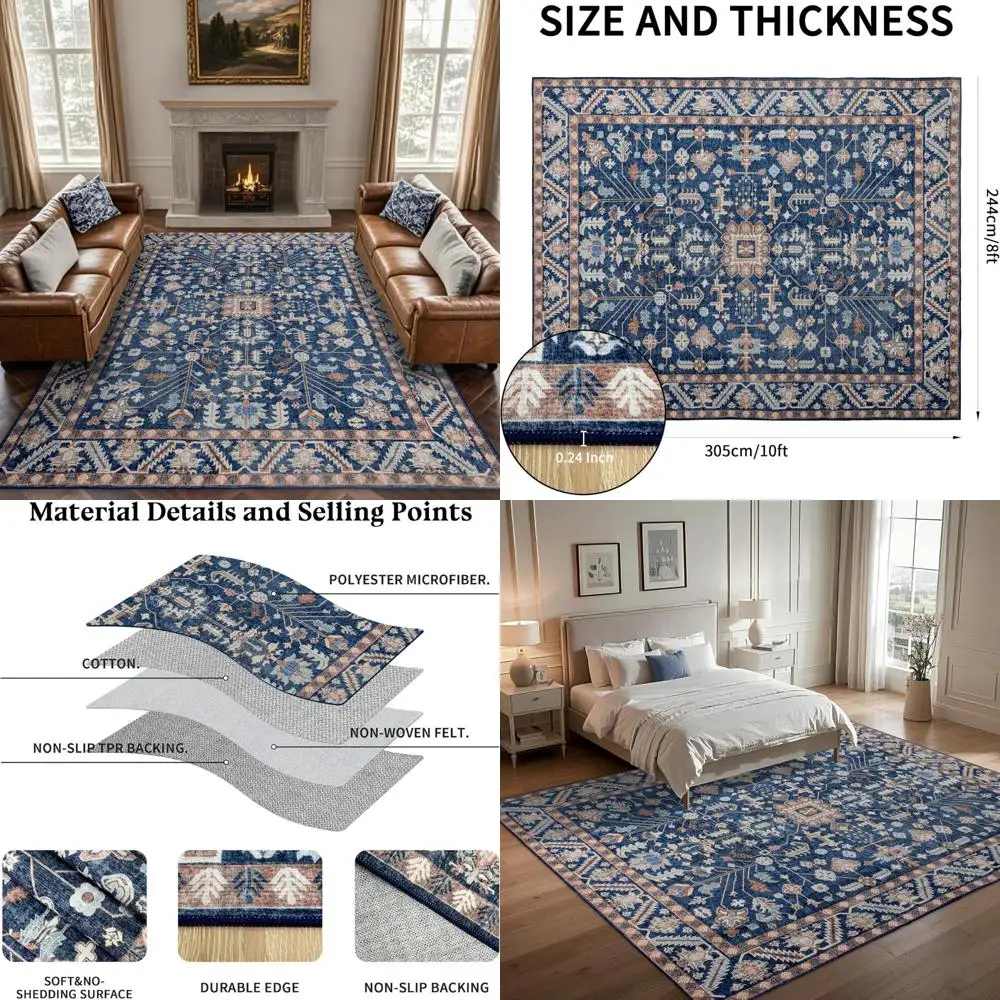 

Washable 8x10 Oriental Soft Rug for Living Spaces and Bedrooms - Thin, Low Pile Carpet for Dining Areas