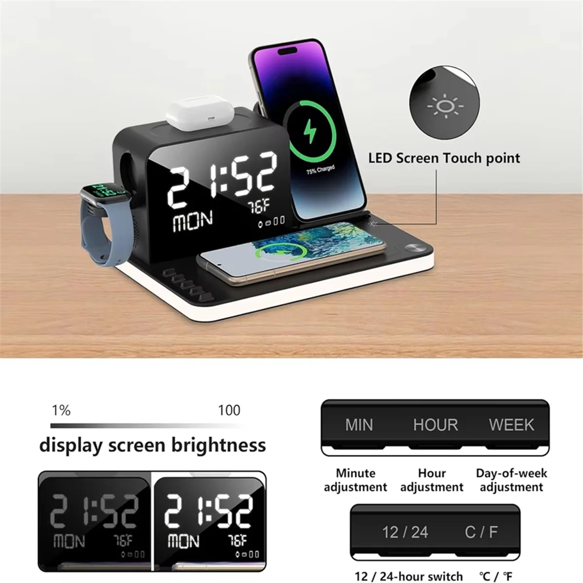 

【Hot Price】Wireless Charging Station 7 in 1 Fast Charger Stand with Clock Night Lights for Watches Smartphones