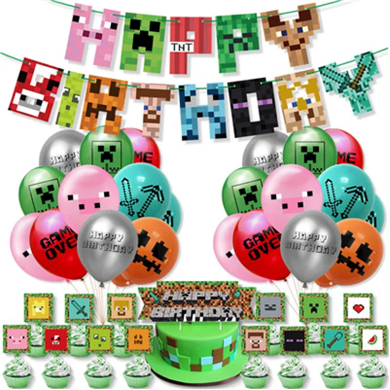 Game Miner Craftings Pixel Game Birthday Party Decorations 4D Balloons Tableware 18in Balloons Kids Party Supplies Baby Shower