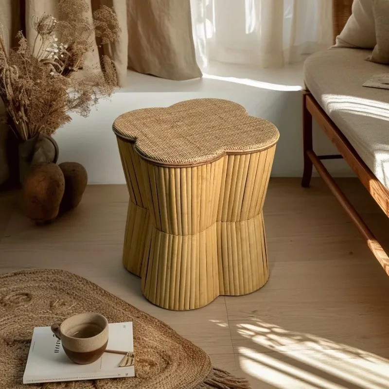 Handwoven Rattan Side Table, Cottage Style Sofa Table with Clover Design, Wicker Accent Table, Natural Farmhouse Decor
