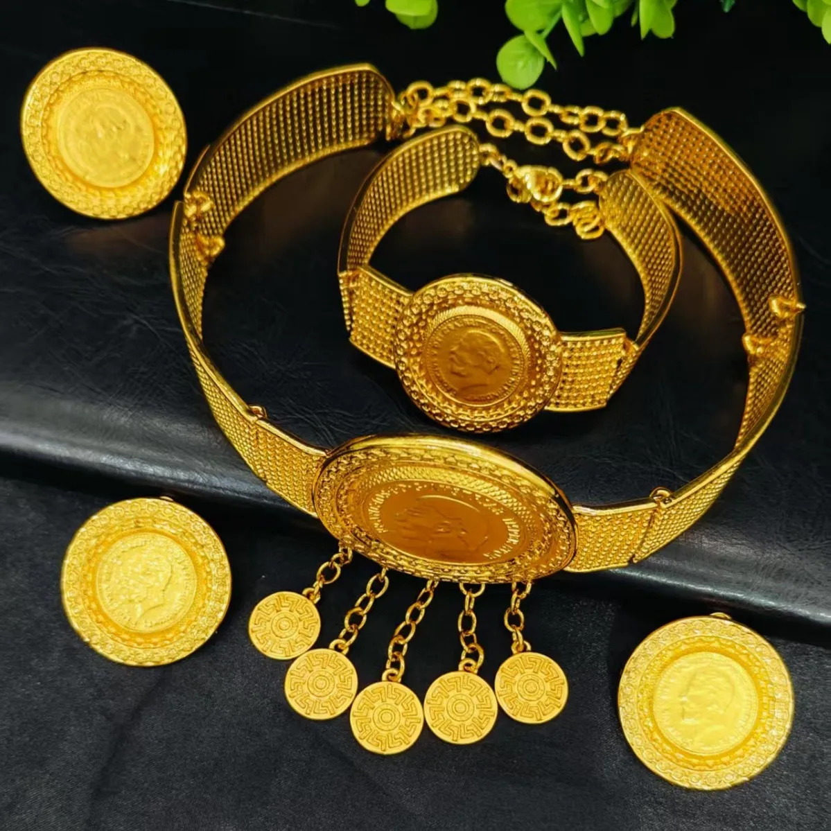 Exaggerated Ancient Coin Necklace Earrings Bangle Ring 4Pcs Set For Women 24K Gold AU999 Retro full jewelry set