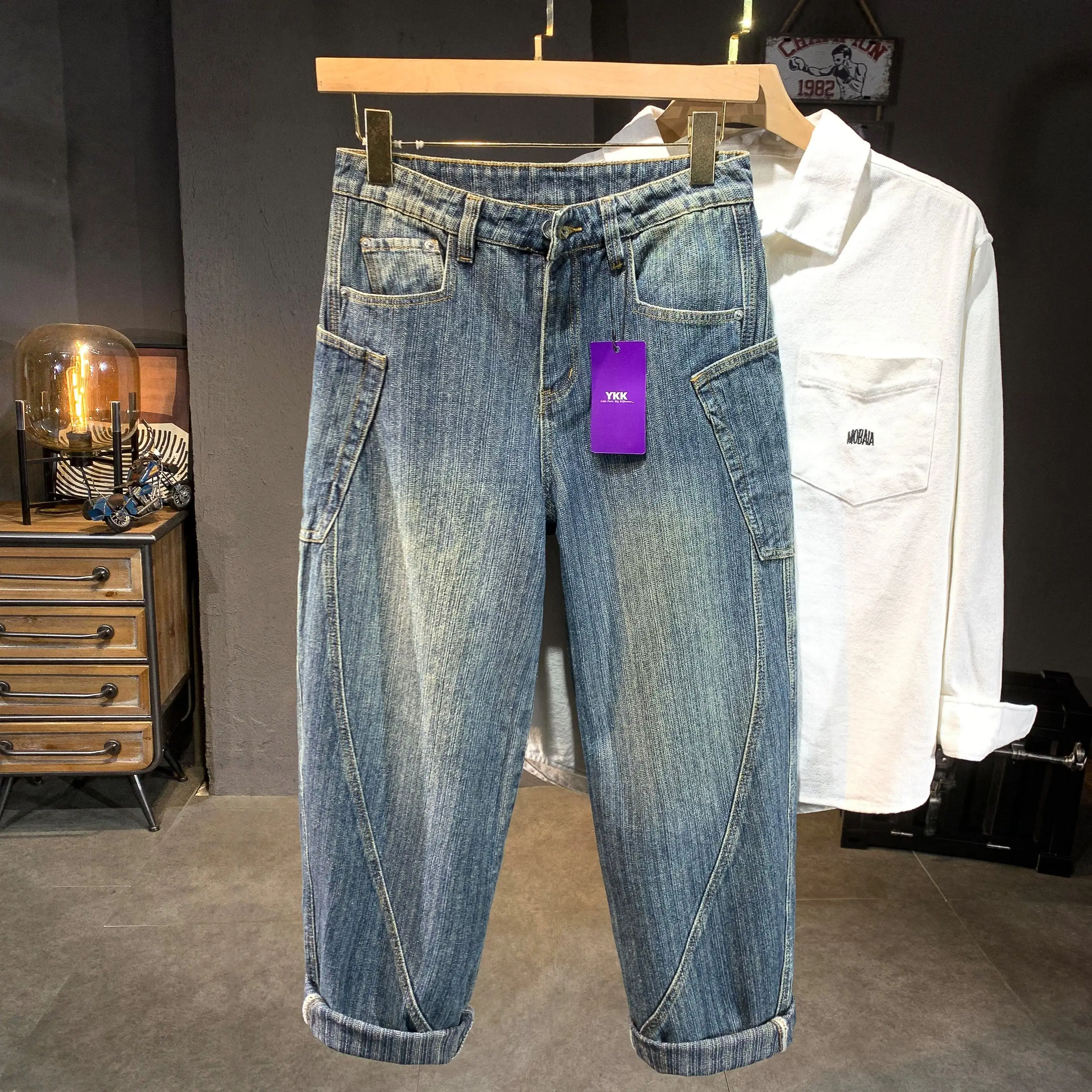 Hip Pop Retro Azul Baggy Fit Cargo Jeans Hombres Bolsillos laterales Sueltos Pierna ancha Pantalones empalmados para hombre