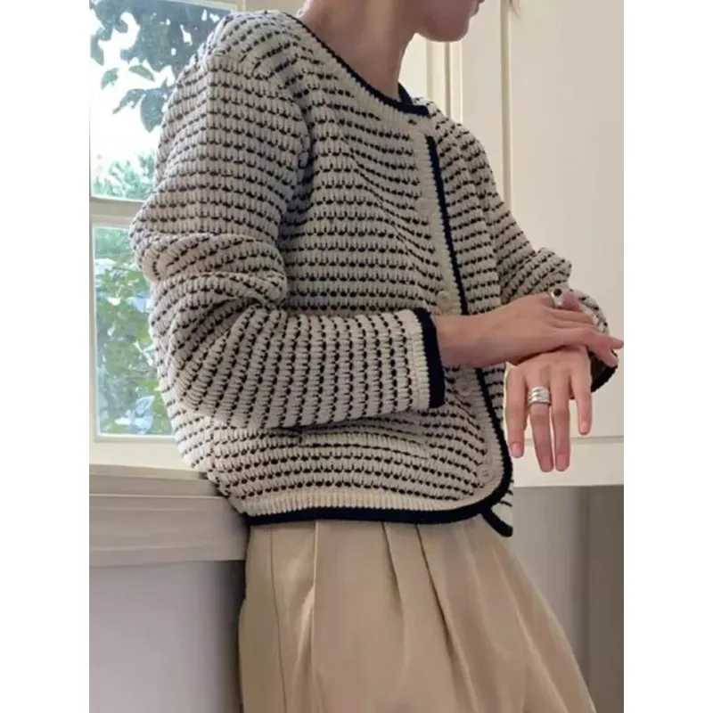 

Knitted Open Cardigan Women's Gentle Single Button Retro Sle ort Outerwear Sweater Stand Fit Long Sl