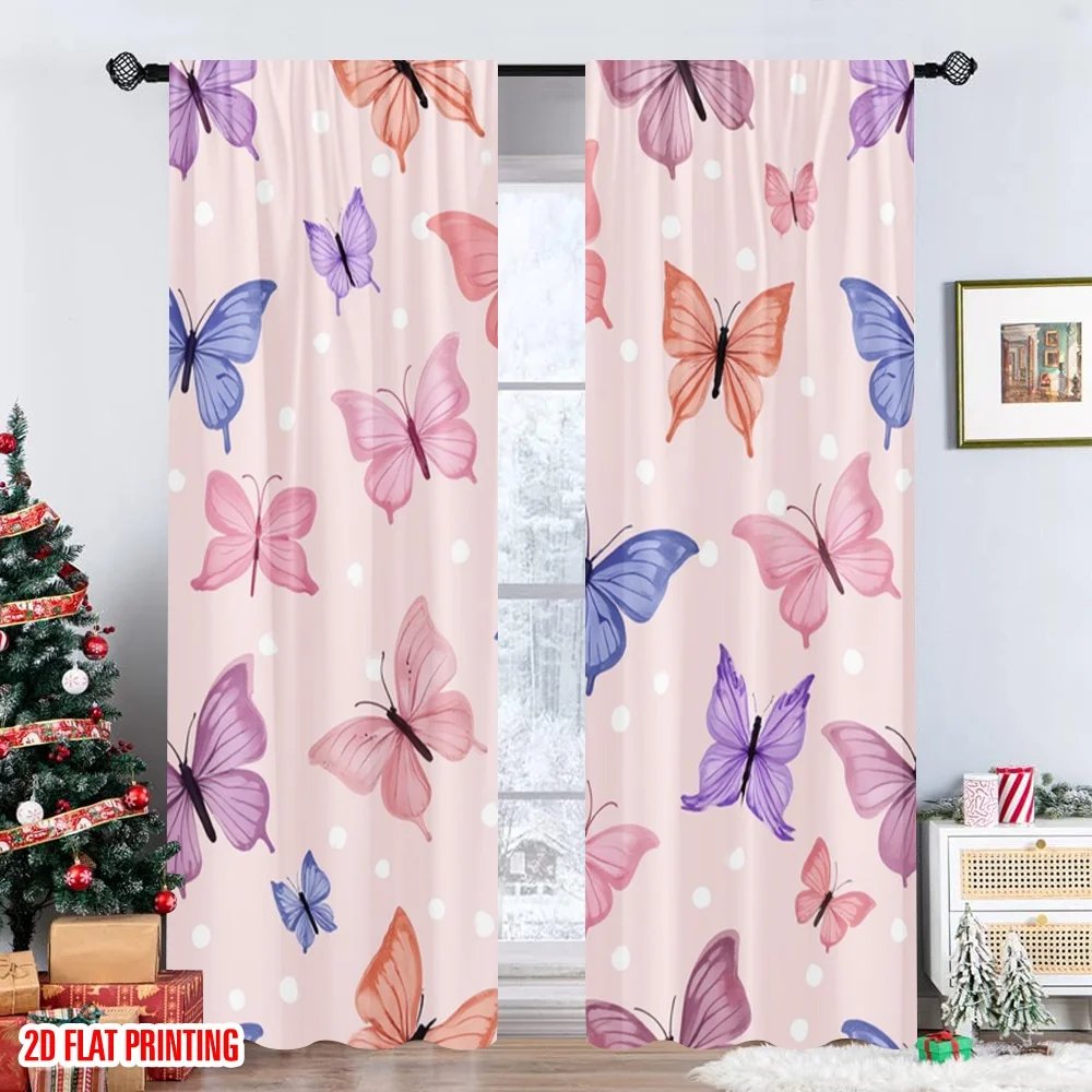 2 قطعة 2D الطباعة المسطحة المشهد الستائر الوردي المائية الفراشات الرقمية المطبوعة البوليستر الستائر احتفالي جدار ديكور للعيش