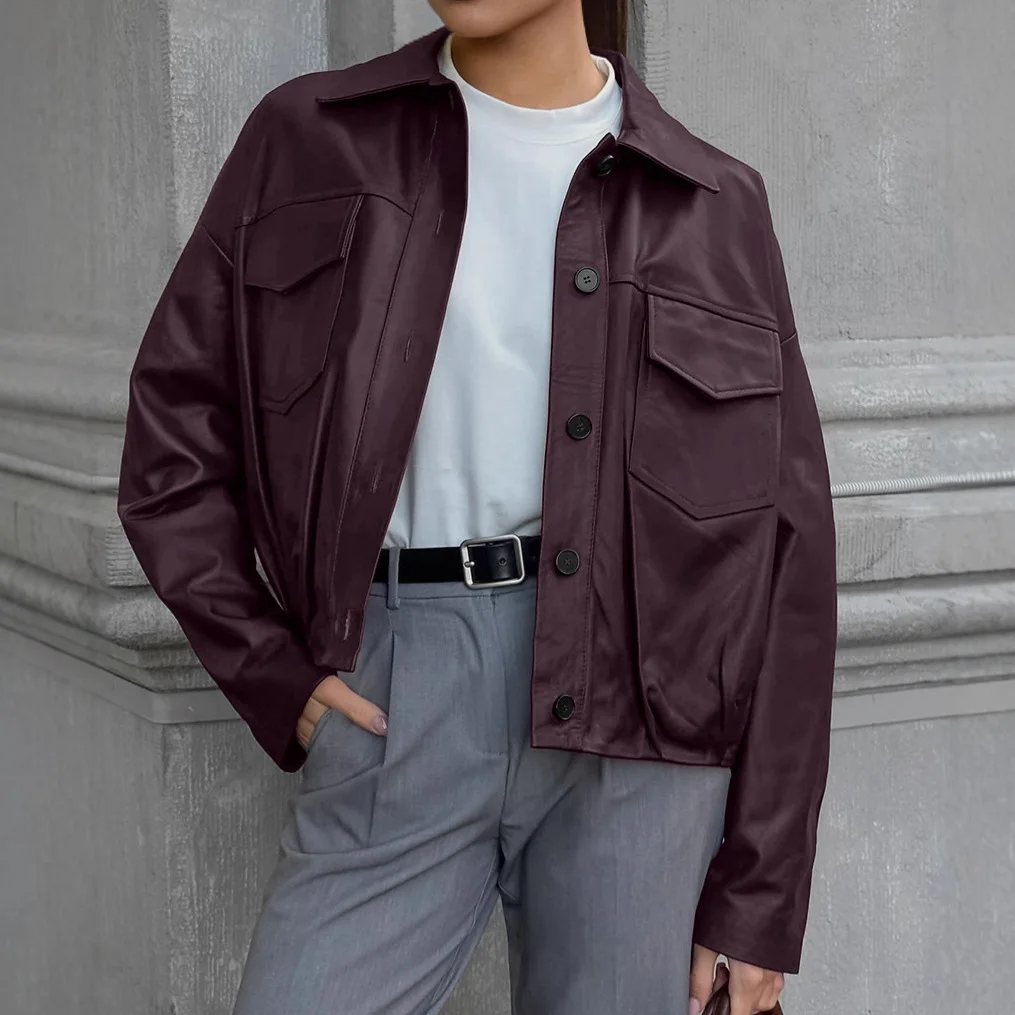 

Vintage Autumn Women's Motorcycle Jacket Turn Down Collar Pockets Button Leather Coat For Lady New Street Style Female's Top