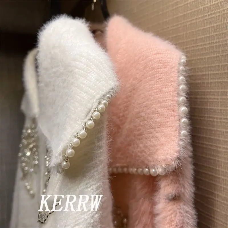 Luxury Women Doll Collar Mink Cashmere Rhinestones Sweater Coat Mohair Pearls Beaded Knitted Cardigan Velvet Diamonds Plush Tops