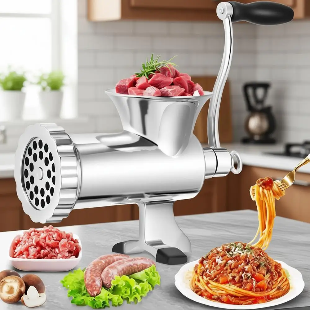 

Heavy Duty Sausage Meat Grinder Stainless Steel Hand-Cranked with Biscuit Making Accessories #12S