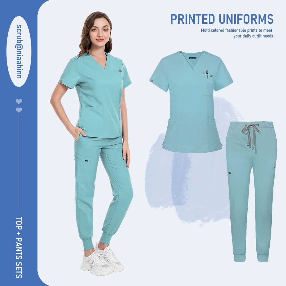 Niaahinn Uniform Schönheitssalon Haustier Krankenhaus Medizinisches Peeling Krankenpflege Krankenschwester Peeling V-Ausschnitt Tops Scrub Jogger Sets Hochwertige Uniformen – Detail 11
