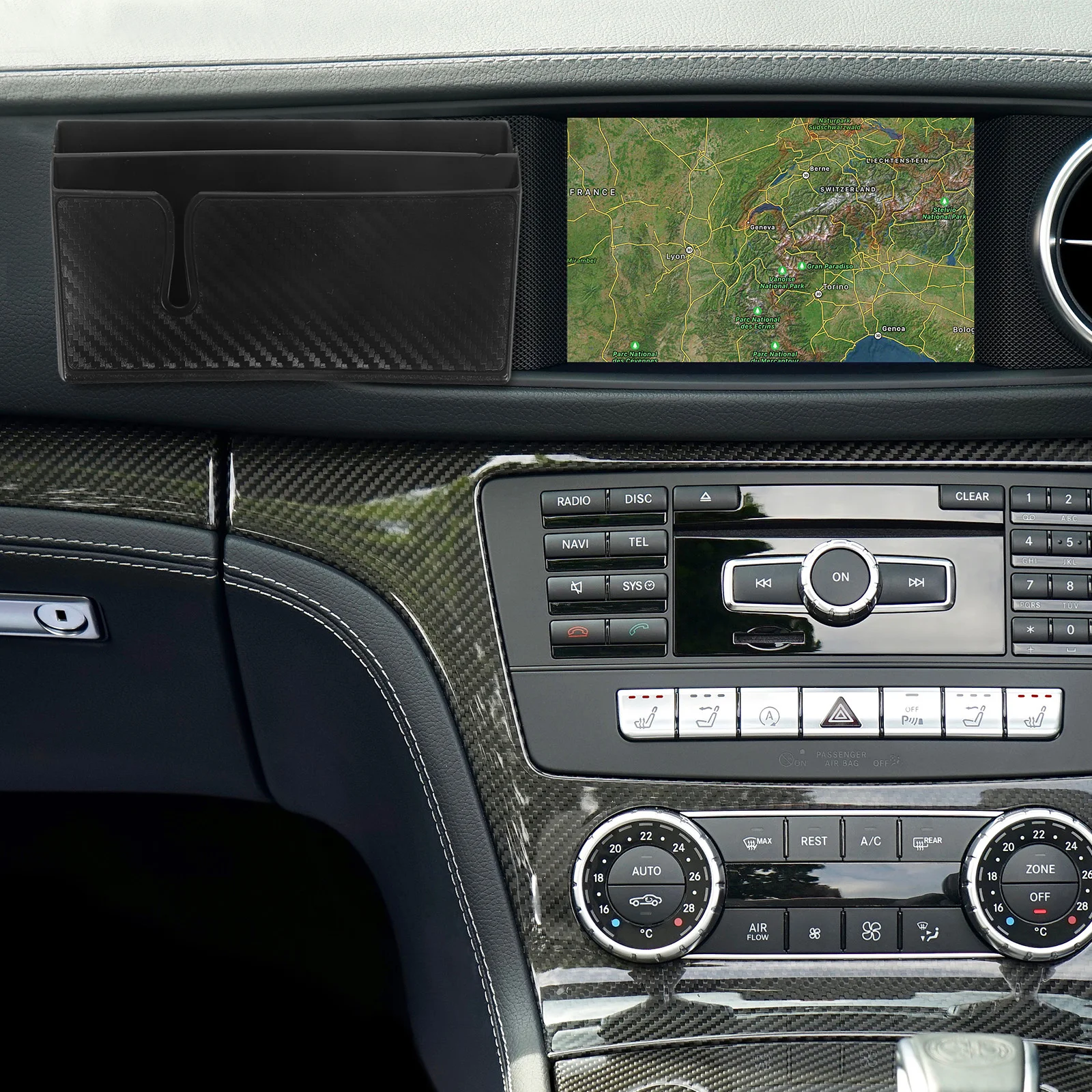 

Double Layer Car Organizer Self-Adhesive Dashboard Armrest Door Pocket Size L Black Durable Material 250g Capacity Easy to Stick