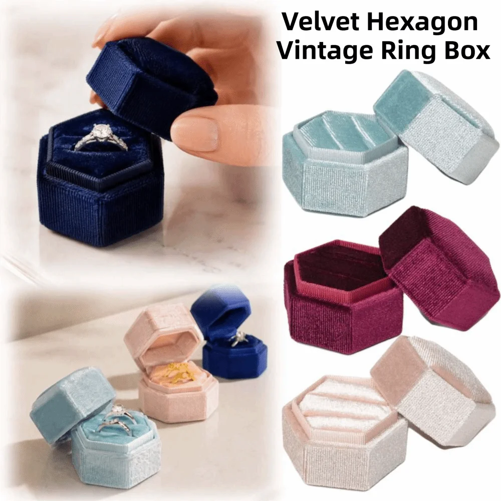 Multi Functional Velvet Hexagon Vintage Ring Box High-End Elegant Jewelry Display Case Mini Soft Ring Packaging Box Proposal