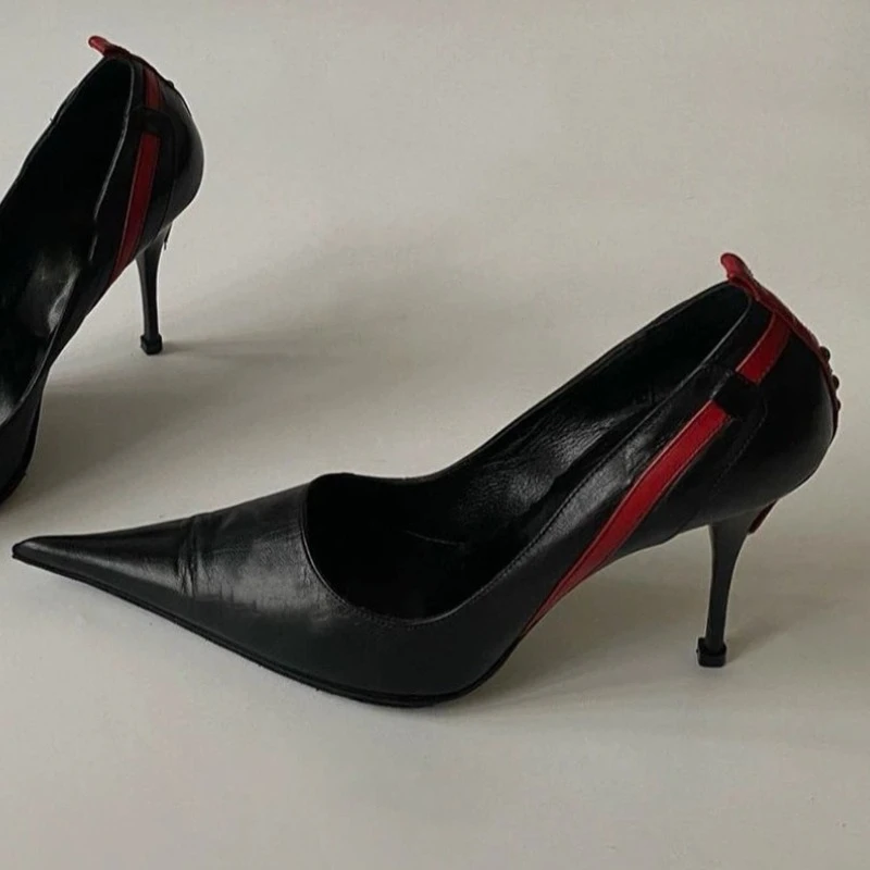 

Black Soft Leather PU Heels Women Fashion Rivet Design Stiletto Designer Pumps Ladies Luxury Party Shallow Elegant Evening Shoes