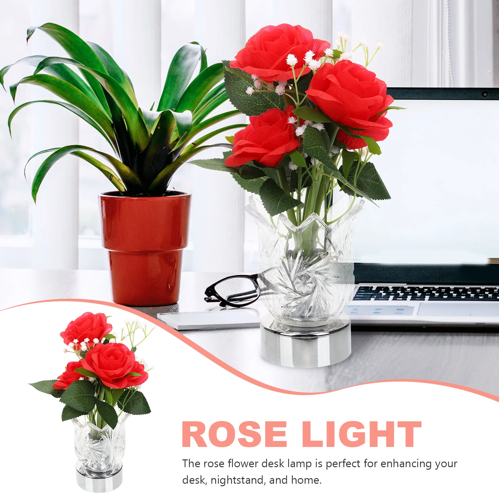 Rosenlichtlampe mit LED-beleuchteter Vase für Heimdekoration, Schlafzimmer, Büro, Kinderzimmer, Kinderzimmer, Hochzeit, Party, Ambiente