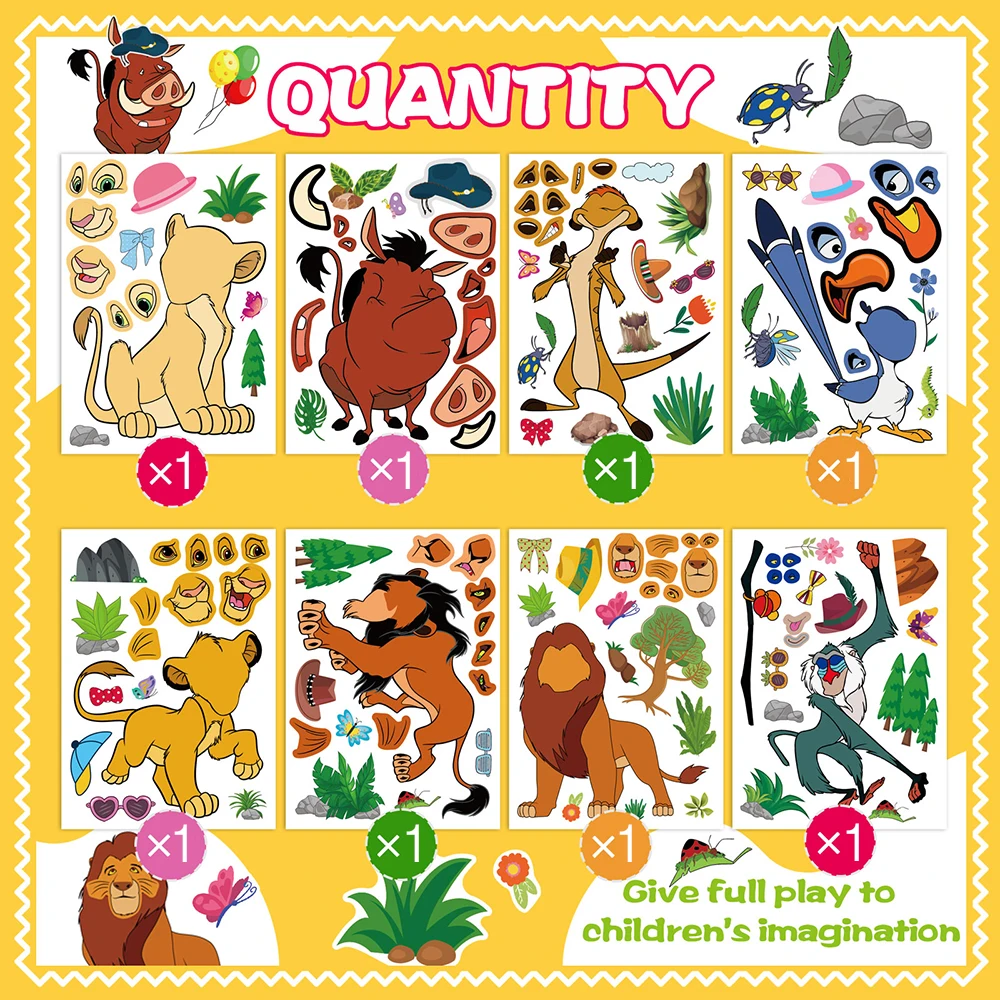 8/16 Blatt disney der König der Löwen Puzzle Aufkleber Spiel Make-a-Face Kinder DIY Puzzle Kinder Lernspiel zeug Cartoon Aufkleber Geschenk