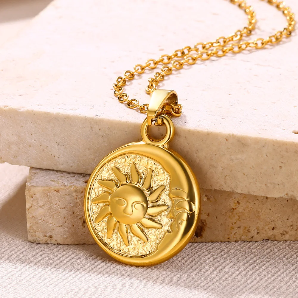 Stainless Steel Sun Moon Coin Necklaces For Women Vintage Gold Color Round Necklace Choker Geometric Jewelry Gifts Wholesale