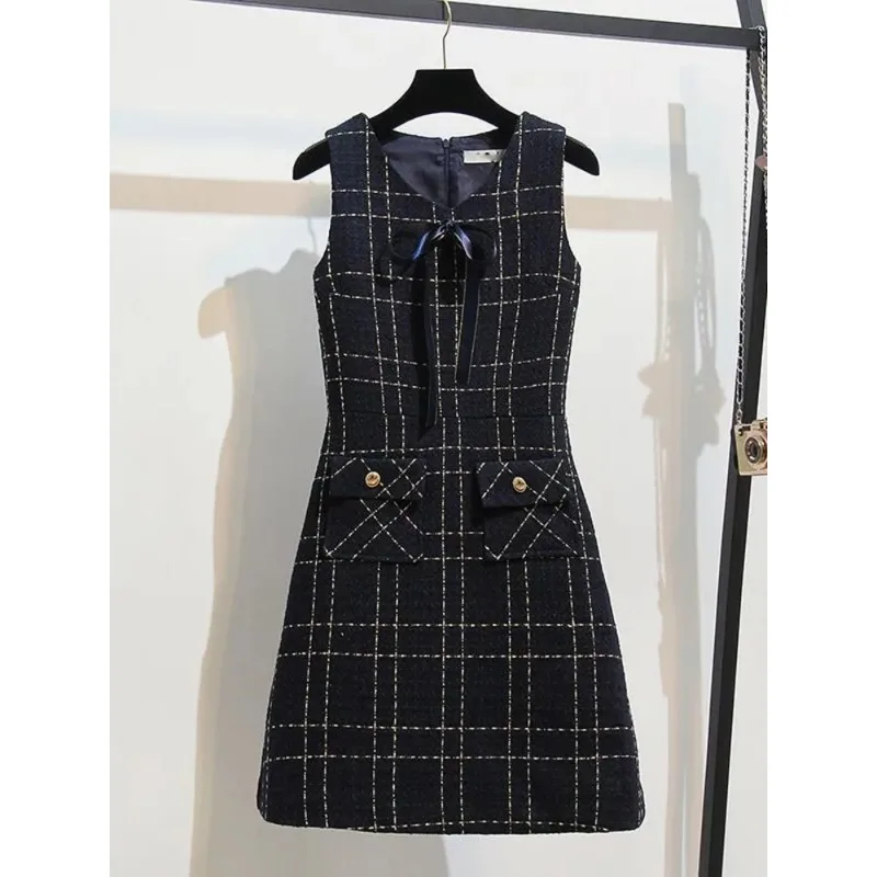 Tweed Long Sleeve Single Breasted Jacket Coat Elegant Fashion Casual Sleeveless Dresses Vintage Sweet Street Fashion New N599