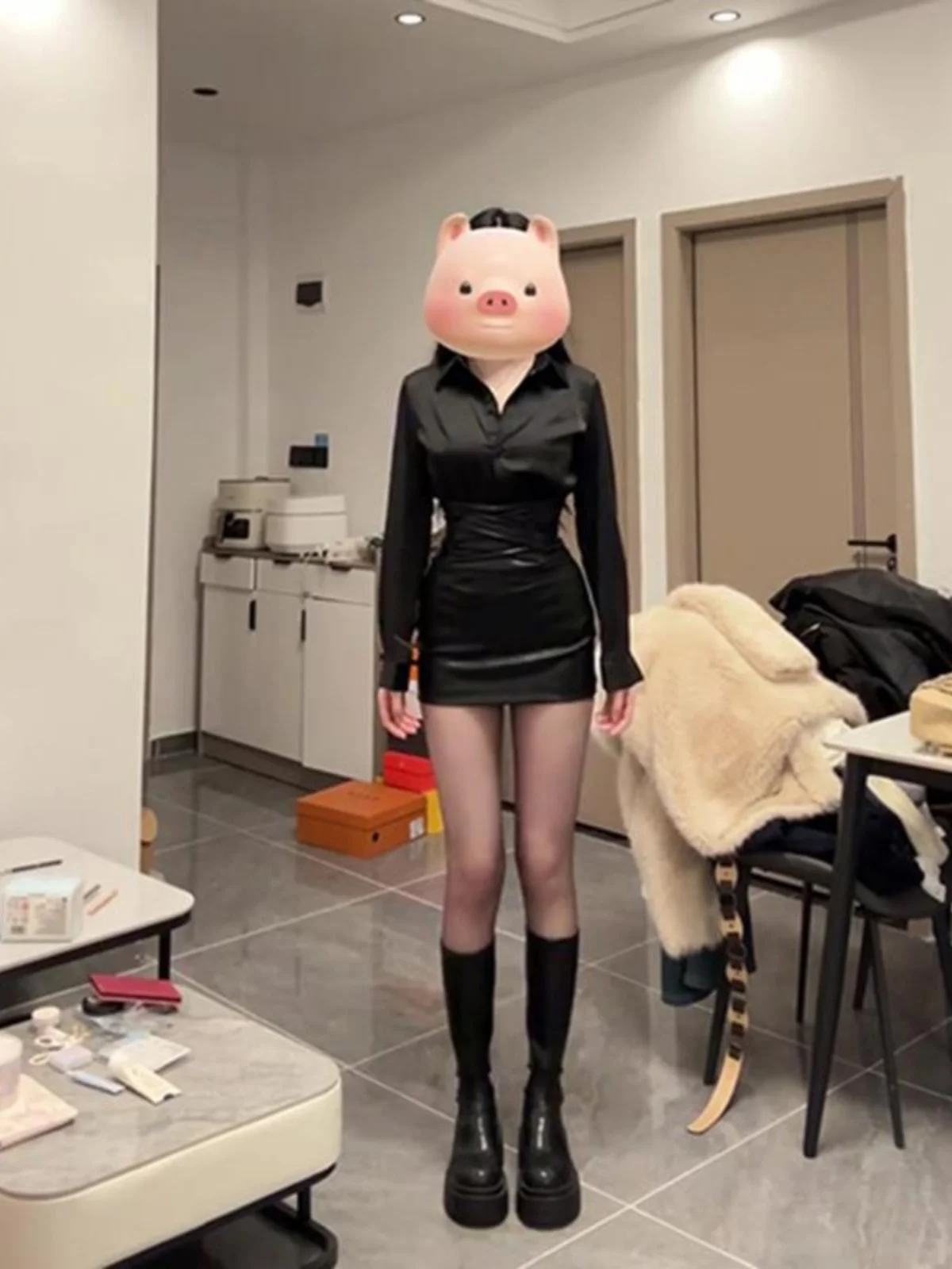 순수한 욕망 섹시한 검은 셔츠 긴 소매 여성 봄 자매 스타일 허리 치핑 스커트 세트 폴로 칼라 폴리 에스터 섬유