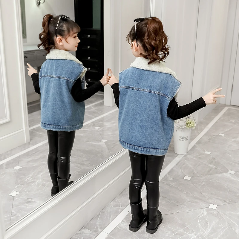 2025 Children Autumn Winter Denim Vest For Girl Insulated Sleeveless Jacket Outerwear 4-13 Years Kids Teenager Warm Waistcoat