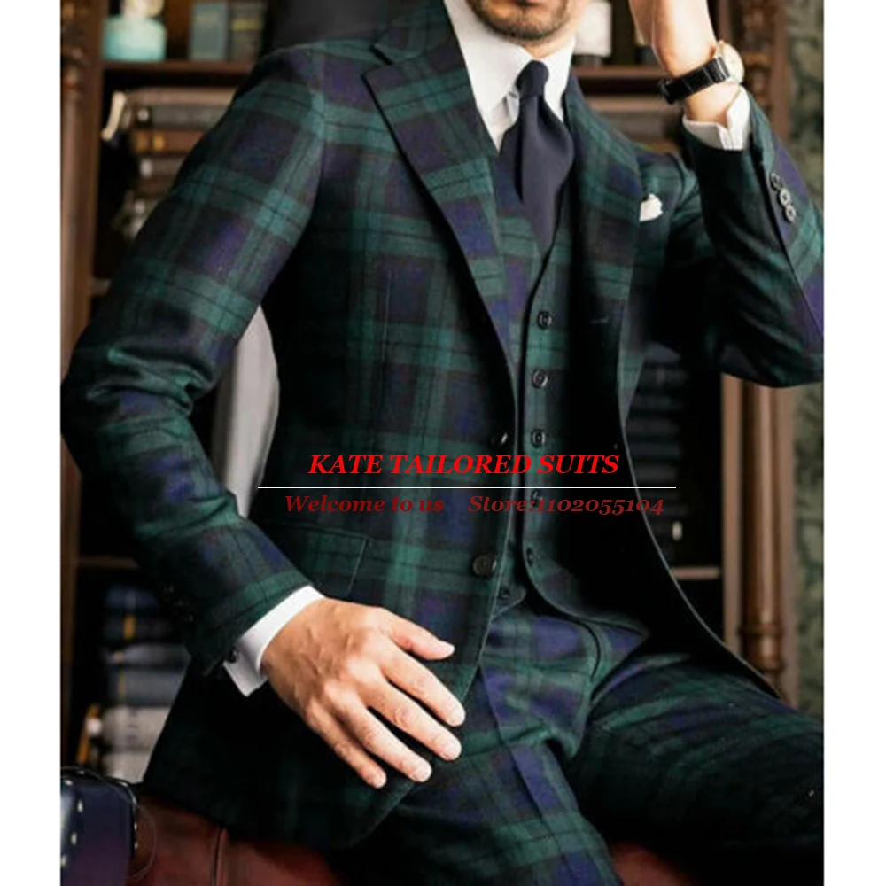 

England Business Suits For Men Slim Fit Green Plaid Check 3 Pieces Set Jacket Vest Pants Groom Wear Banquet Party Tuxedo Tailore