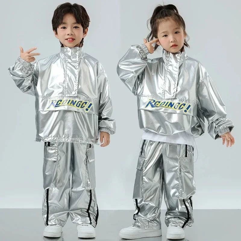 Ragazze Hip Hop Giacca con paillettes Pantaloni cargo Bambini Street Dance Argento lucido Pantalone Set di vestiti Bambini Wasteland Punk K-pop Costumi