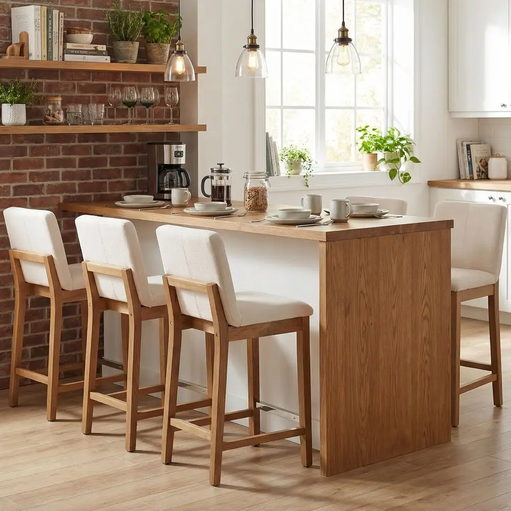 

Height Bar Stools Set of 4 Linen Fabric holstered Kitchen Island Stools with Back 26 Inch Mid Century Rectangle Wood Barstool