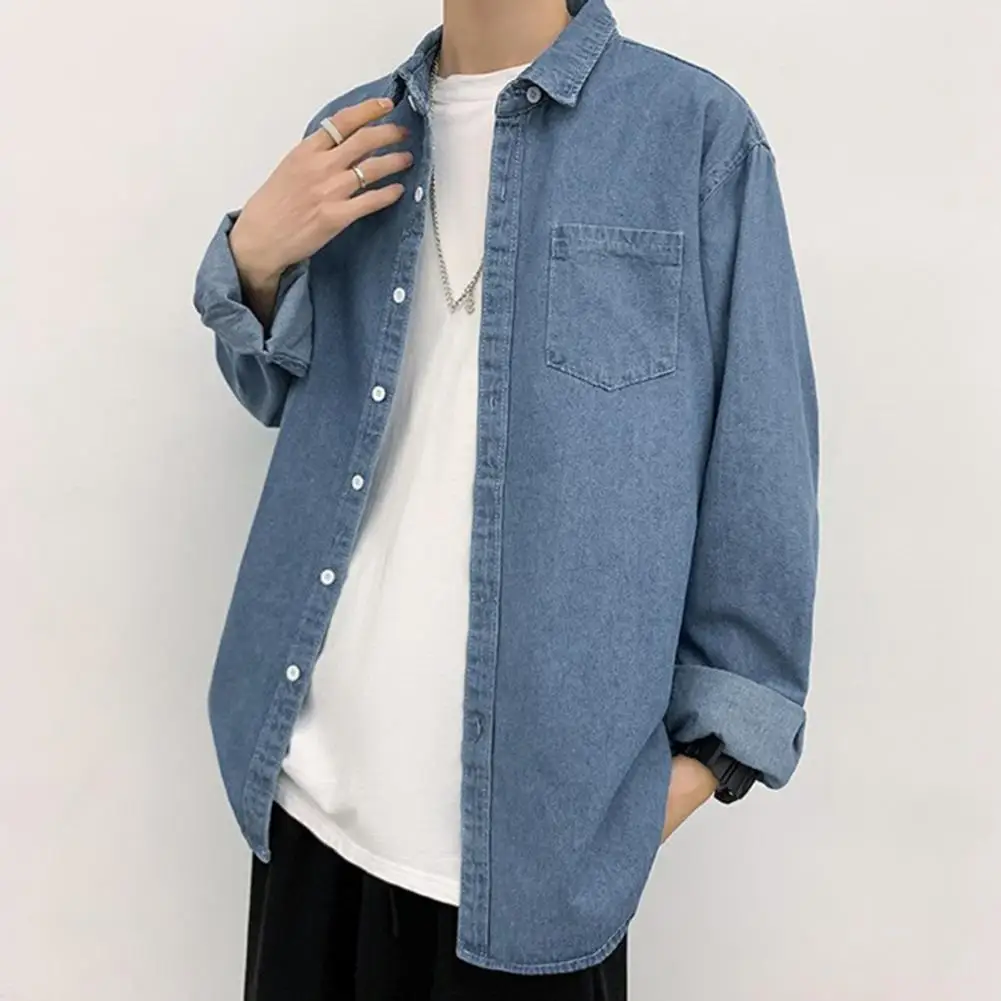 Men Denim Shirt Denim Shirt Outerwear Stylish Men\'s Denim Jacket with Turn-down Collar Chest Pocket Casual Spring for School