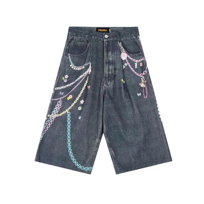 

HELLOMARCEL High Quality Men EU US Size High Street Fashion Brand 3D Printing Baggy Washed Denim Shorts for Men and Women