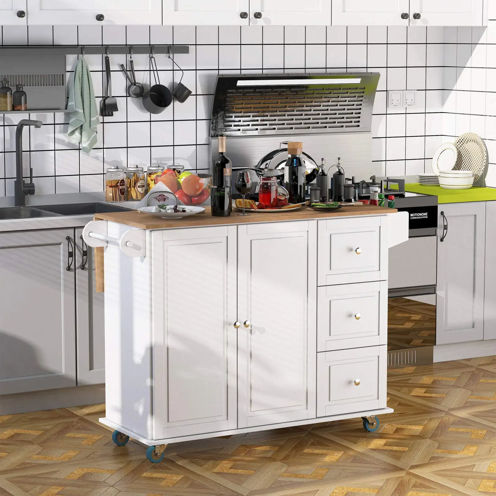 Modern Elegant Style Kitchen Island Trolley Cart Cabinet Storage with Towel and Spice Rack Spacious and 3 Drawers