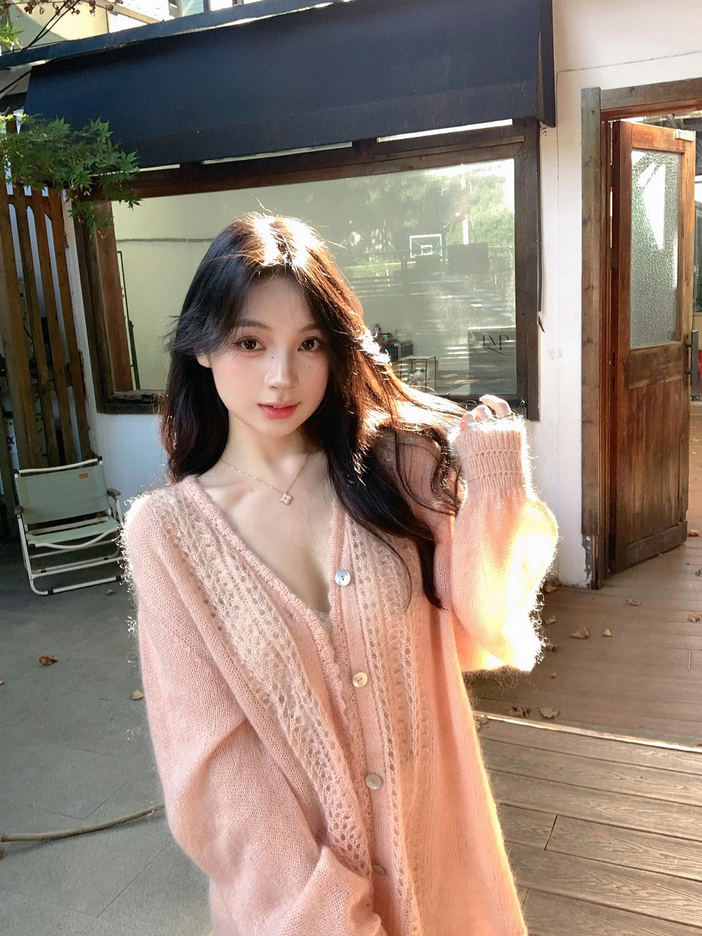 

Розовый кардиган из смешанных волокон, женский, в стиле «ленивый шик», с эффектом высококачественного материала, в стиле ZhouYeye, сладкий, свободный крой, V-образный вырез...