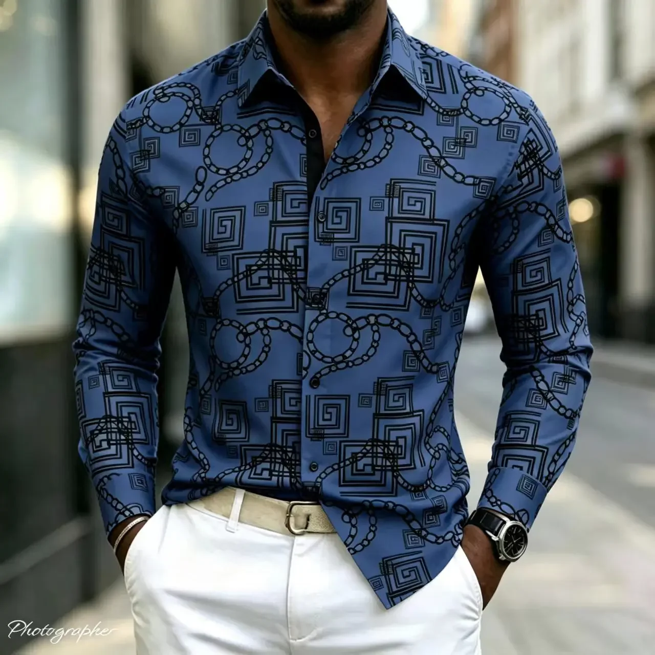 Men's Light Luxury Long Sleeved Geometric Chain Printed Slim Fit Casual Fashionable Shirt Tops