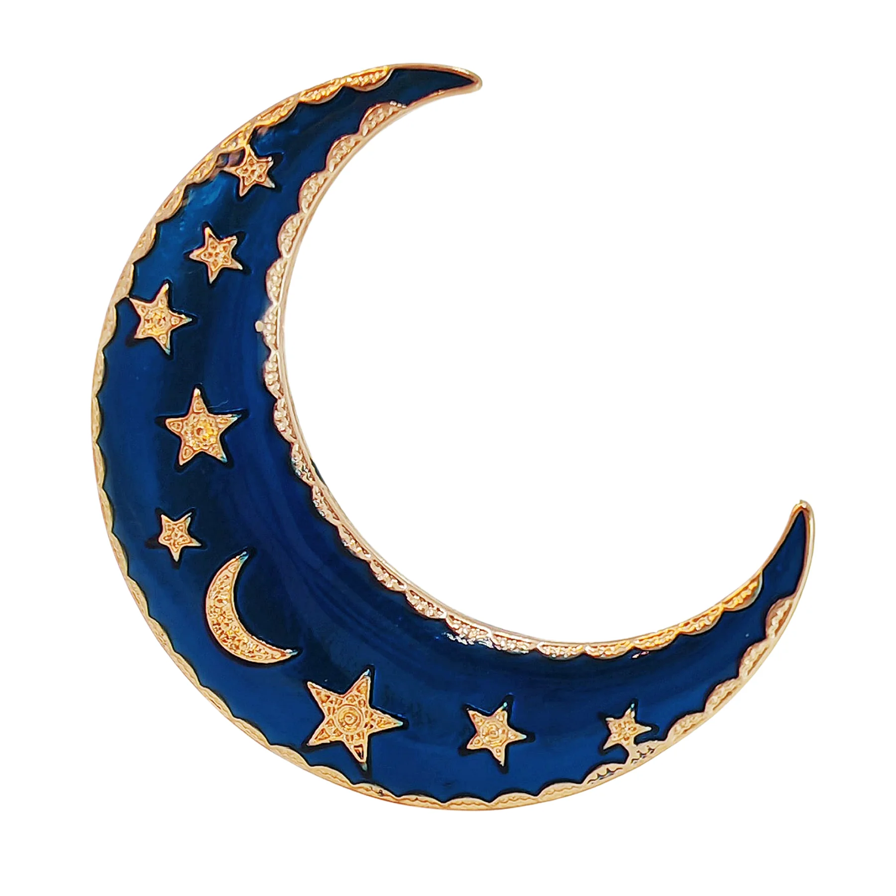 

Excellent Sleeping Metal Stars and Cobalt Blue Enamel Crescent Moon Brooch Pin Night Jewelry