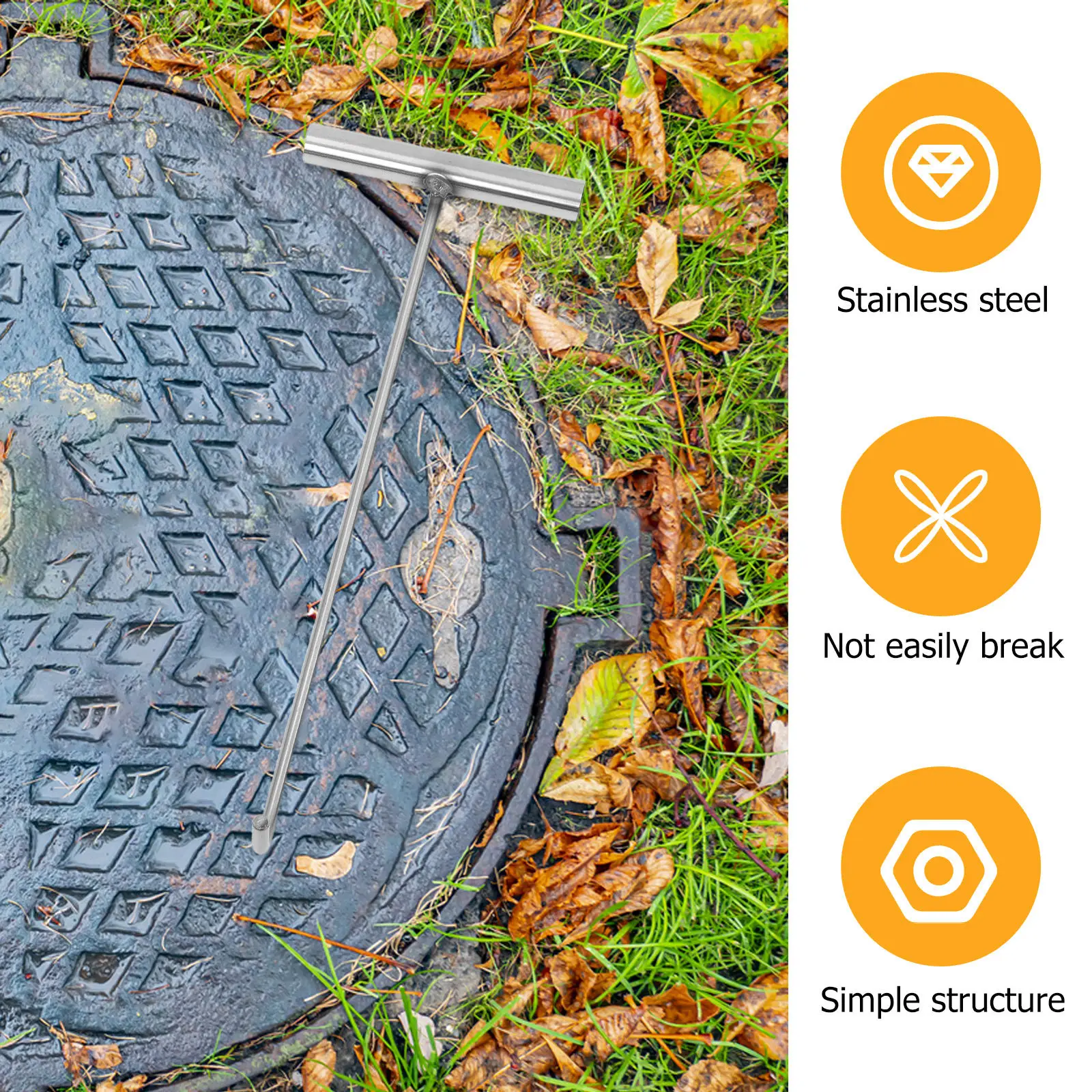 Manhole Cover Hook Heavy Duty Stainless Steel T Shaped Hook Tool Multi Size Drain Lifter Non Slip Handle Manhole Cover Puller