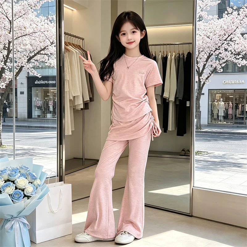 Teenage Girls Casual Clothing Sets Summer Drawstring Tops+Fashion Curtain Flare Pants 2PCS Children's New Arrivals Outfits 5-14Y