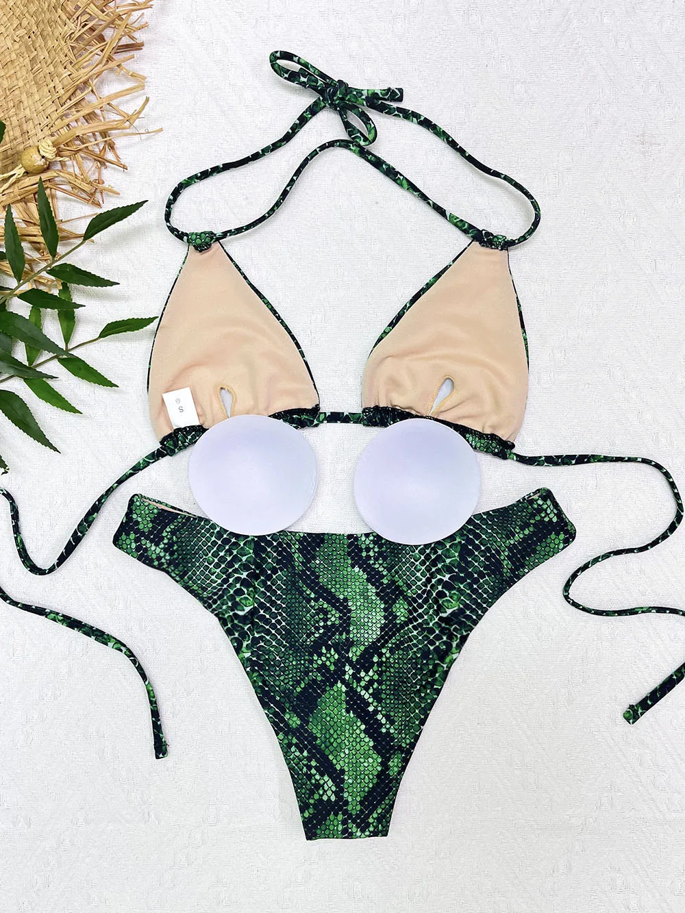 Lady's clothing sexy snake swimsuits bathing swimming suit for women bikinis brazilian set bikini padded print push up green red