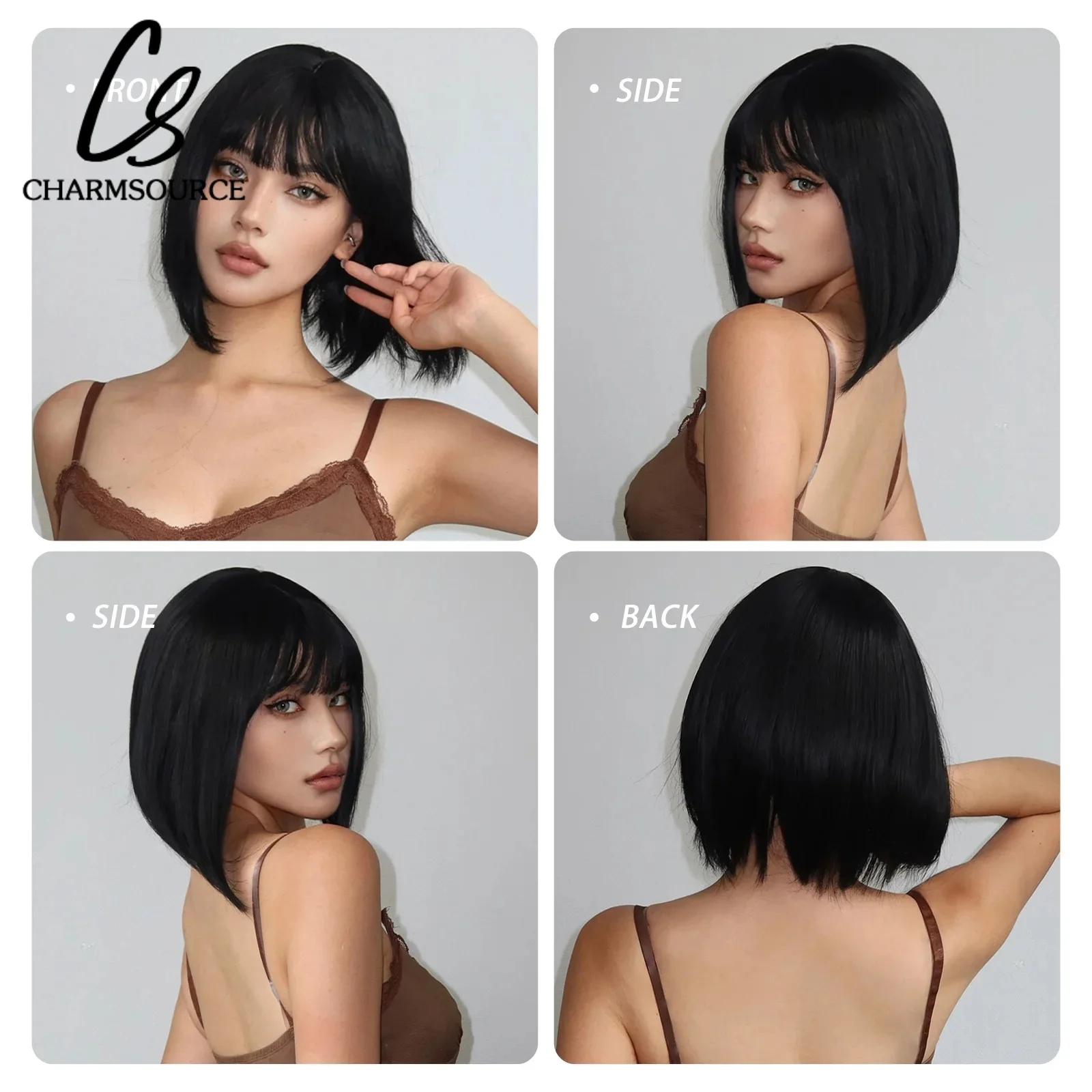 Black Bob Wig Synthetic Straight Short Hair with Bangs Heat Resistant Natural Looking Daily Cosplay Afro Style for Women