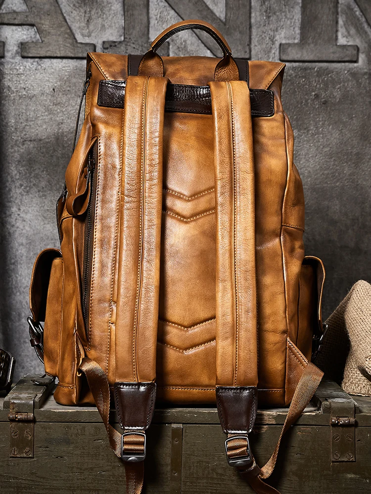 Large Capacity Men Travel Bag Mountaineering Backpack Handmade Vegetable-Tanned Leather Drawstring Shoulder Bag Daypack Male Bag